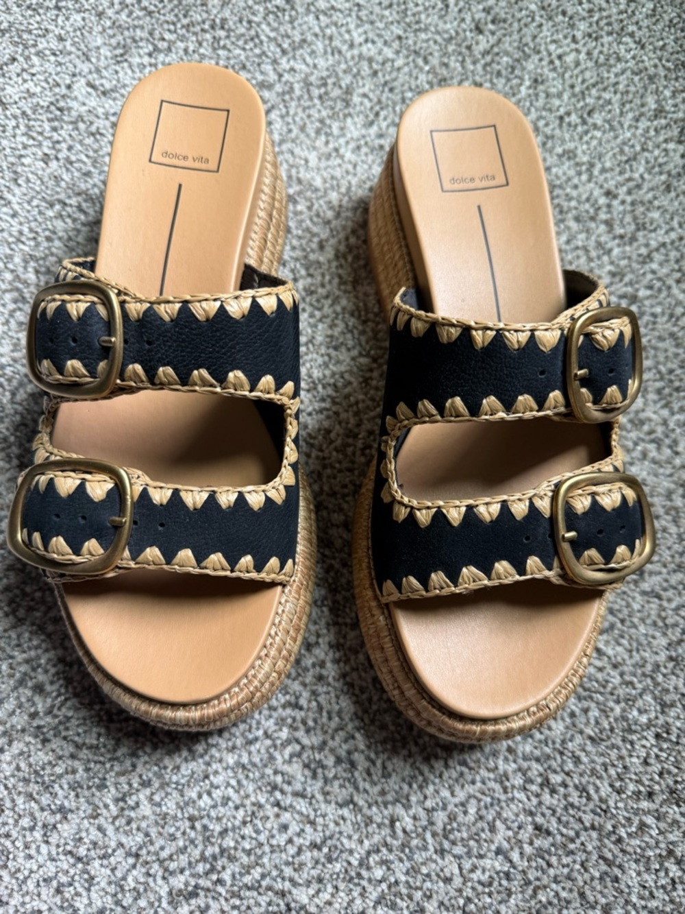 Dolce Vita Black & Tan Buckled Espadrille Platform Slides (like new!)